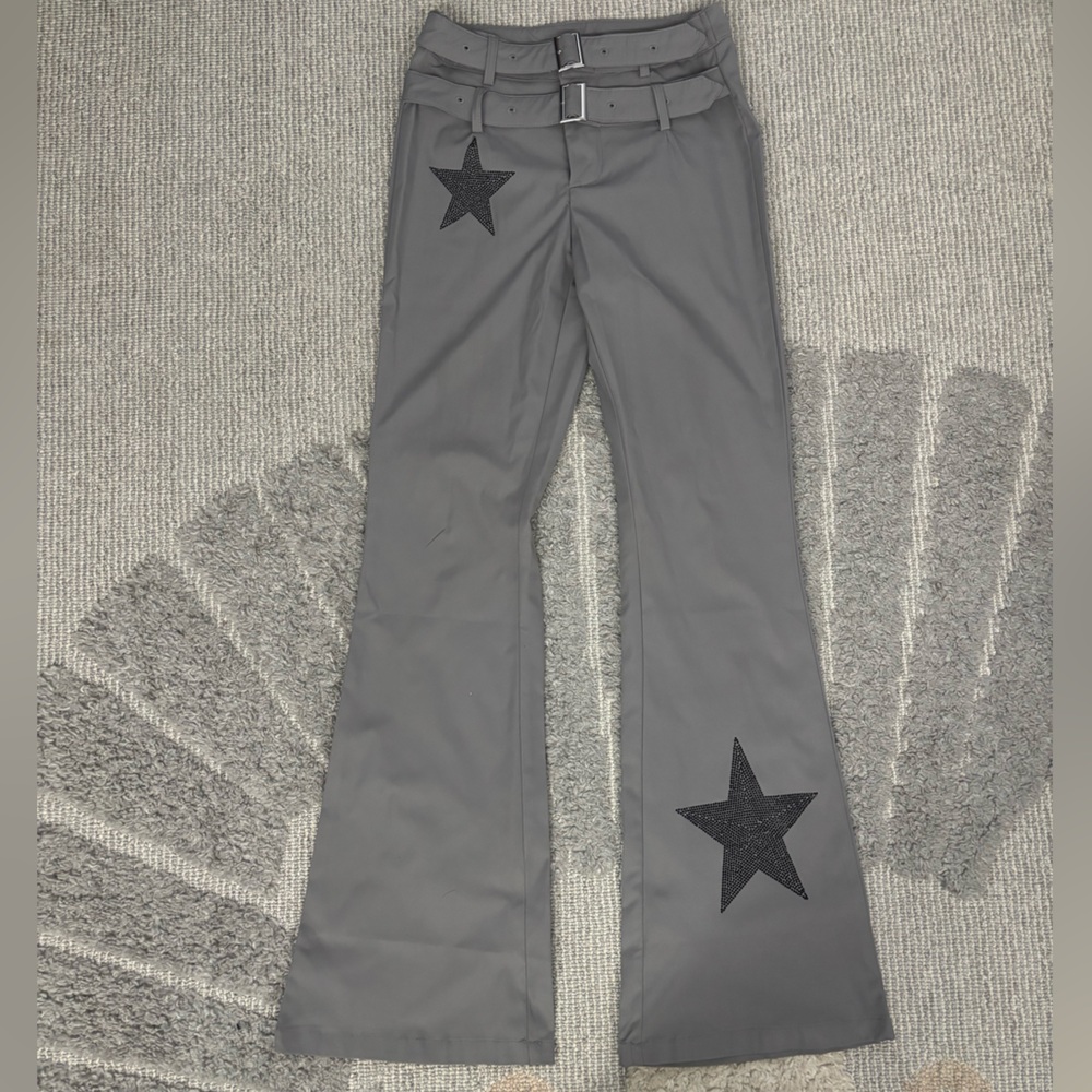 Y2K Rhinestone Star Patch Flared Trousers - Gray Double Belt Detail XXS